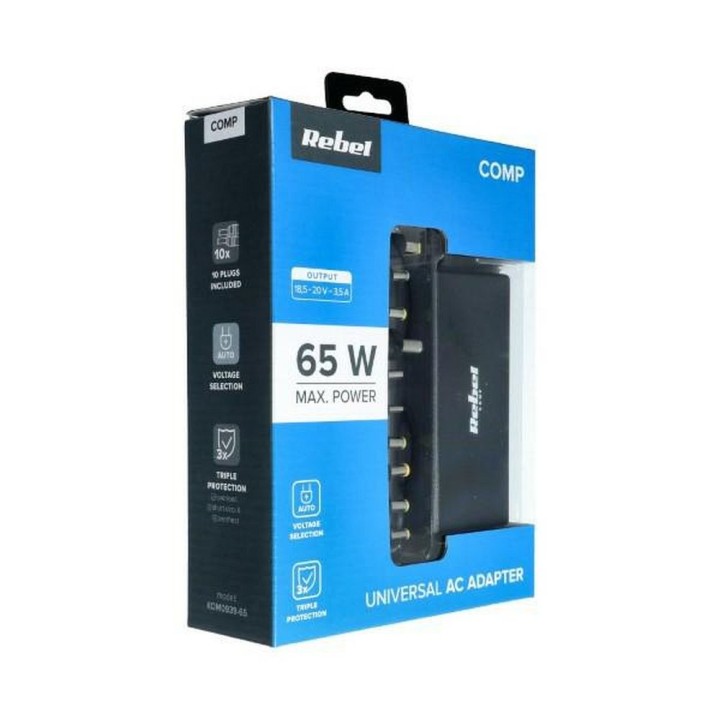 REBEL universal mains power adapter 65W 18-20V automatic 10 tips black