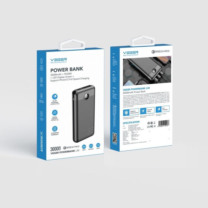 Повербанк Veger L30 (W3008PD) PD QC3.0 3A 20W 30000 mAh черный 0INT