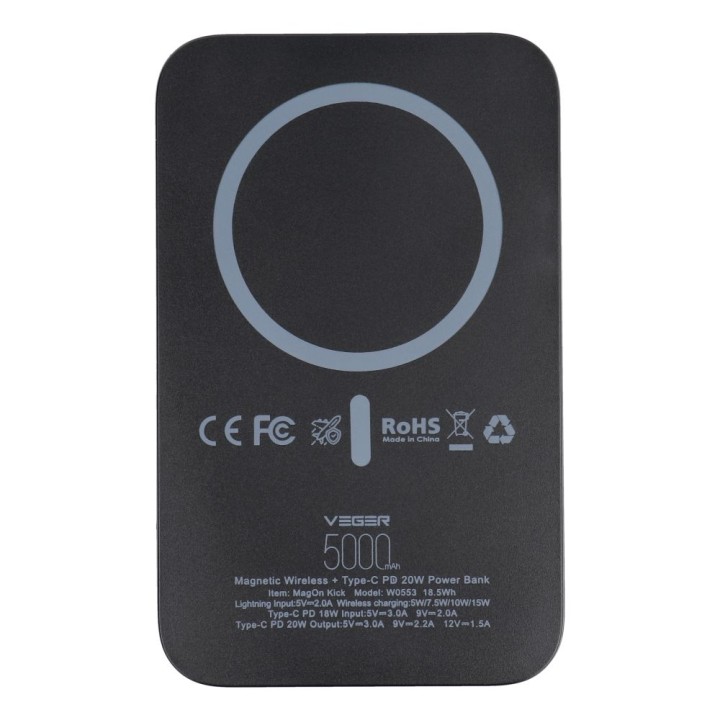 Повербанк Veger MagOn Kick (V0553P / W0553P) PD QC3.0 2A 20W 5000 mAh с беспроводной зарядкой черный