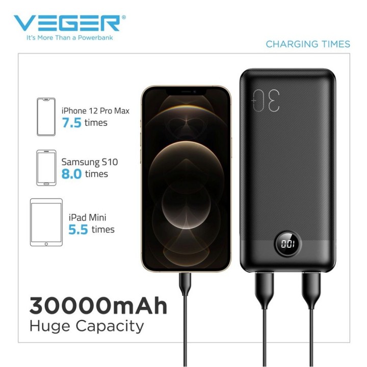 Powerbank Veger L30 (W3008PD) PD QC3.0 3A 20W 30000 mAh czarny 0INT