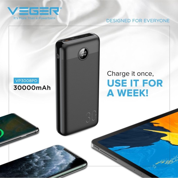 Power bank Veger L30 (W3008PD) PD QC3.0 3A 20W 30000 mAh black 0INT