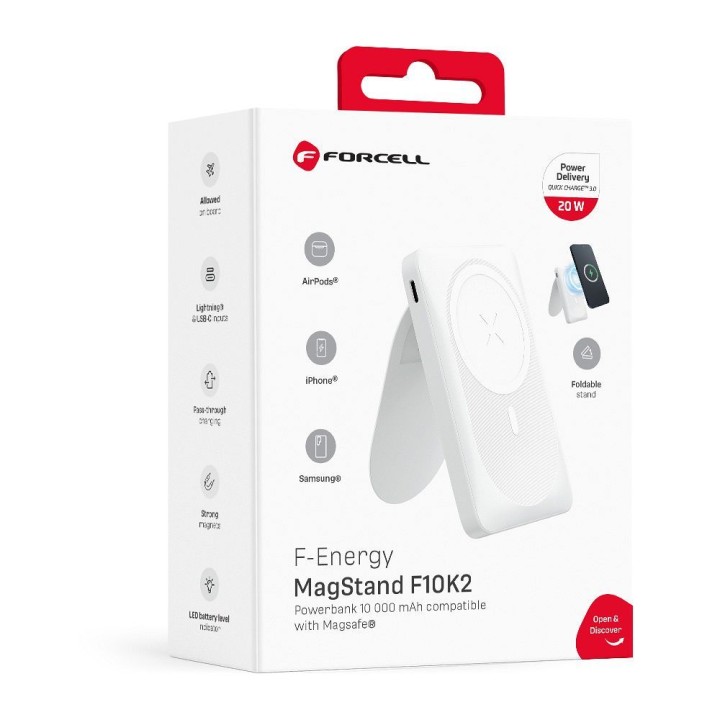 Повербанк сумісний з MagSafe Forcell F-Energy MagStand F10K2 QC3.0 PD 5A 20W 10000 mAh білий