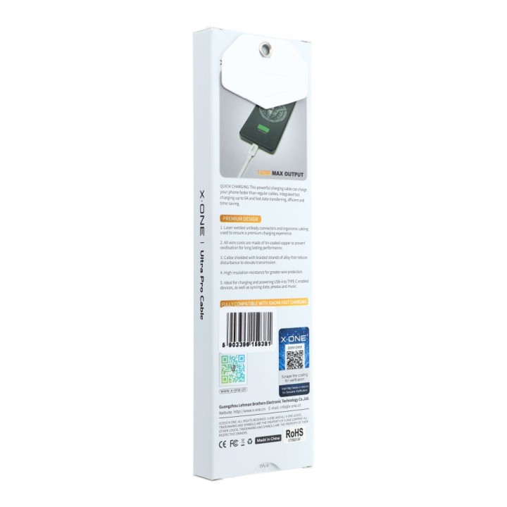 Kabel USB A do USB C X-ONE 6A 120W Ultra Pro XIAOMI (oryginalny chip) 1 m biały