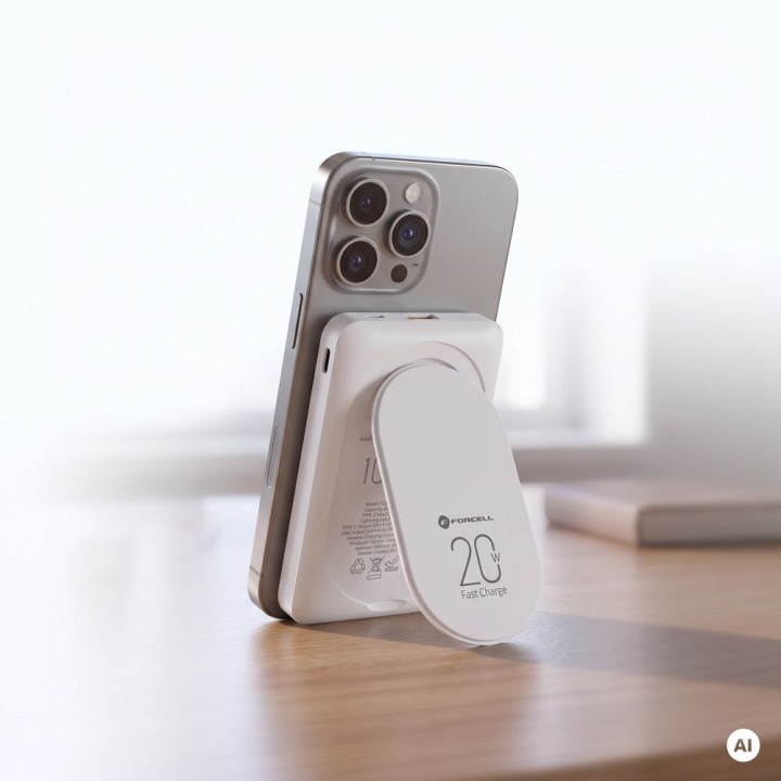 Powerbank zgodny z MagSafe Forcell F-Energy MagStand F10K2 QC3.0 PD 5A 20W 10000 mAh biały