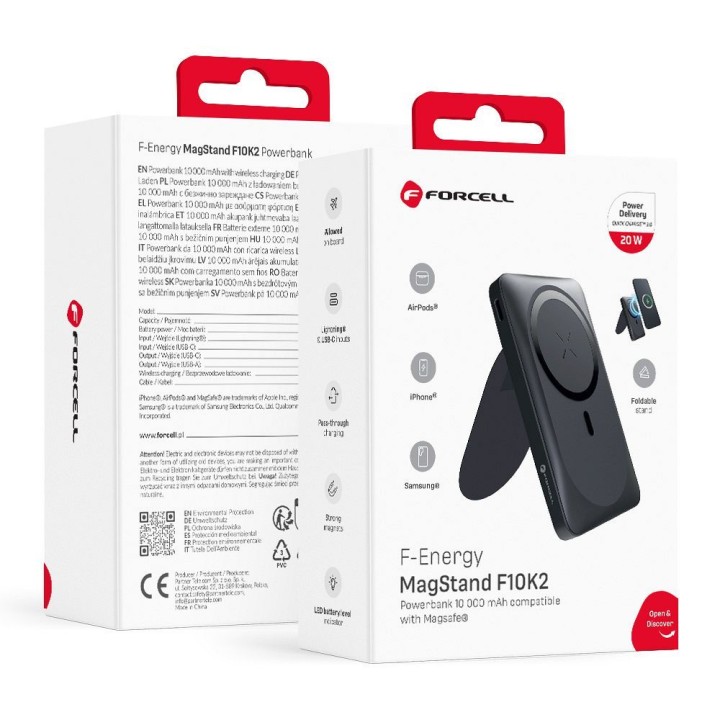 Powerbank zgodny z MagSafe Forcell F-Energy MagStand F10K2 QC3.0 PD 5A 20W 10000 mAh czarny