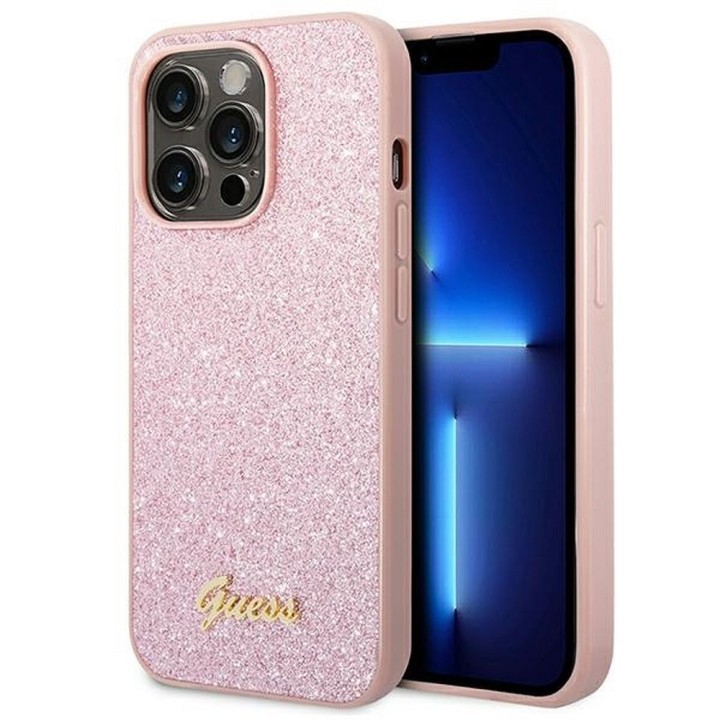 GUESS чехол для IPHONE 14 Pro Max GUHCP14XHGGSHP (Glitter Flakes Script Metal Logo) розовый