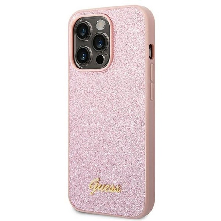 GUESS чохол для IPHONE 14 Pro Max GUHCP14XHGGSHP (Glitter Flakes Script Metal Logo) рожевий