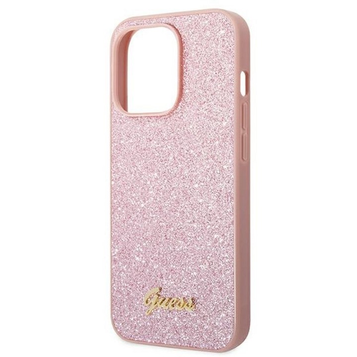 GUESS case for IPHONE 14 Pro Max GUHCP14XHGGSHP (Glitter Flakes Script Metal Logo) pink