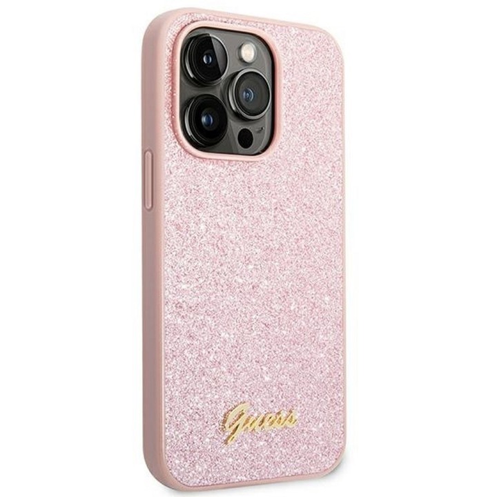GUESS case for IPHONE 14 Pro Max GUHCP14XHGGSHP (Glitter Flakes Script Metal Logo) pink