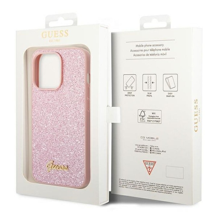 GUESS чехол для IPHONE 14 Pro Max GUHCP14XHGGSHP (Glitter Flakes Script Metal Logo) розовый