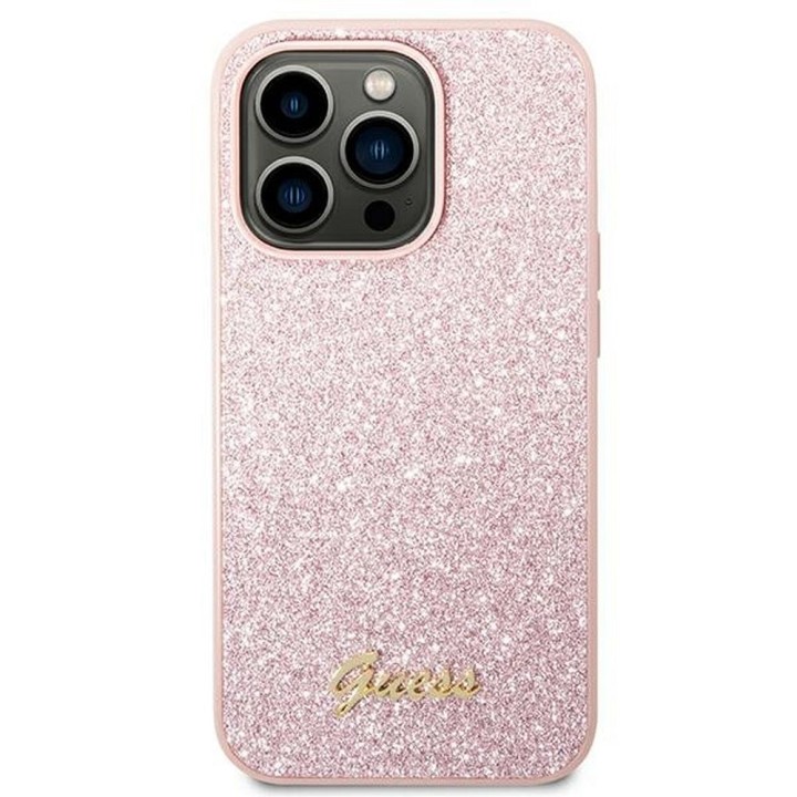 GUESS case for IPHONE 14 Pro Max GUHCP14XHGGSHP (Glitter Flakes Script Metal Logo) pink