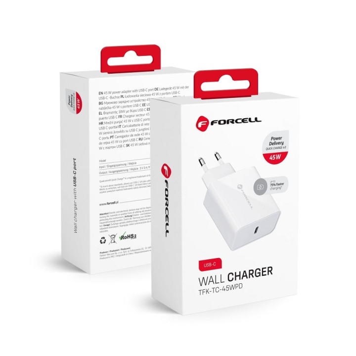 Мережевий зарядний пристрій для телефону Forcell F-Energy USB C QC4.0 PD 3A 45W TFK-TC-45WPD білий