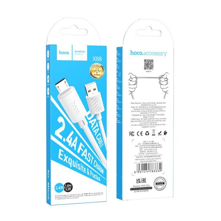 Cable USB A for Micro USB Hoco 2,4A 1 m X88 white