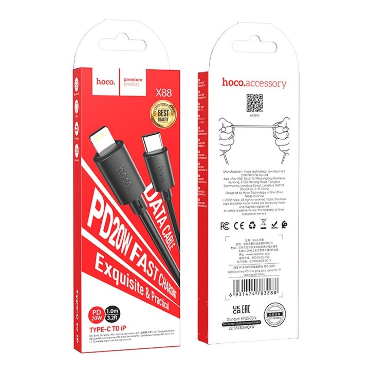 USB-C to Lightning cable Hoco PD 2,4A 20W 1 m X88 black