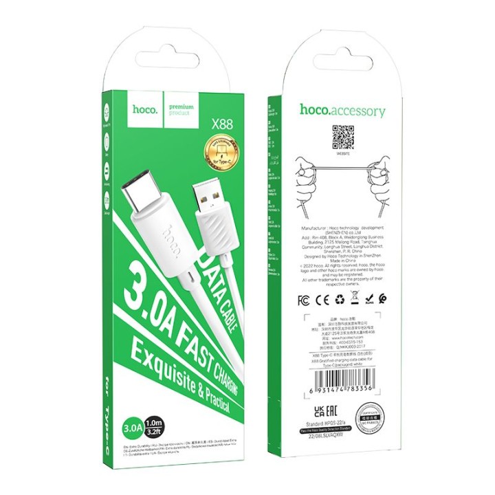 Кабель USB-A – USB-C Hoco 3A 1 m X88 белый
