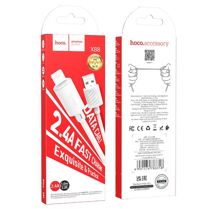 Кабель USB-A – Lightning Hoco 2,4A 1 m X88 білий