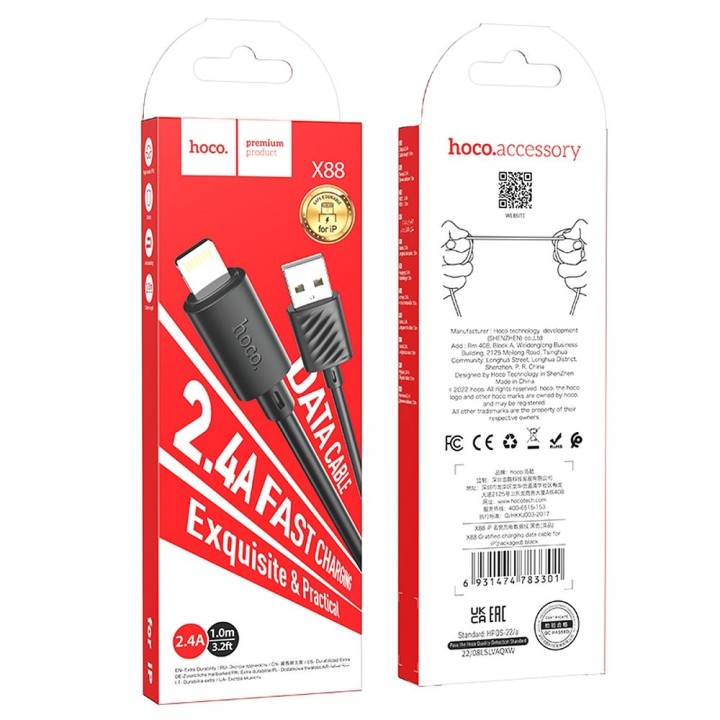 Kabel USB A do Lightning Hoco 2,4A 1 m X88 czarny