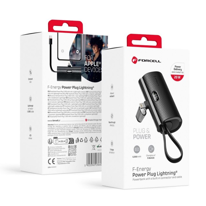 Повербанк Forcell F-Energy Power Plug F5K3 PD 20W 5000 mAh із вбудованим роз’ємом Lightning чорний