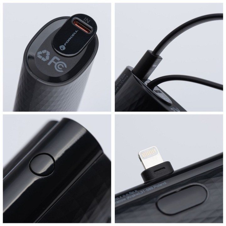 Повербанк Forcell F-Energy Power Plug F5K3 PD 20W 5000 mAh со встроенным разъемом Lightning черный
