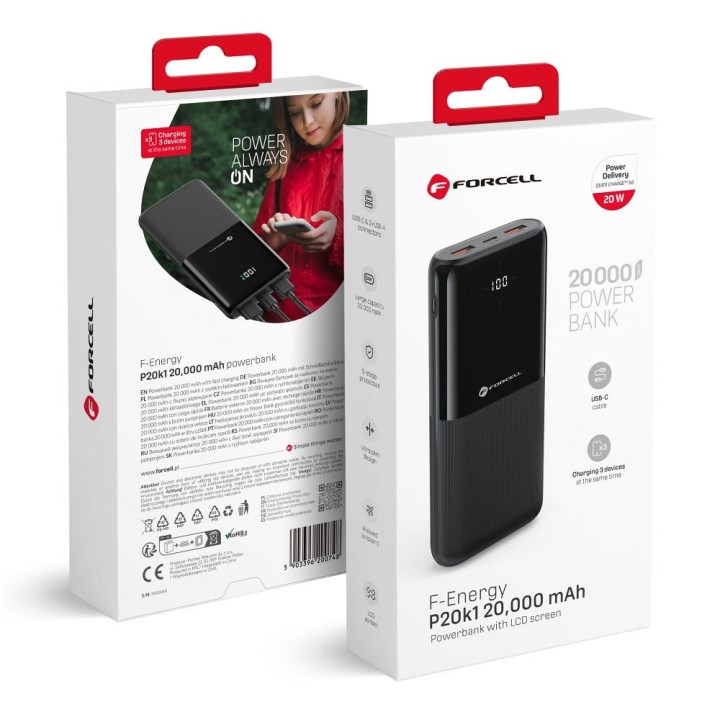 Повербанк Forcell F-Energy P20k1 PD QC3.0 3A 20W 20000 mAh чорний