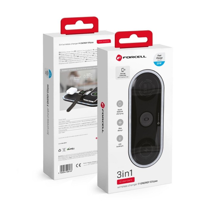 Бездротовий зарядний пристрій Forcell F-Energy Ellipse 3 в 1 Qi QC 15W сумісний з Apple + кабель USB-C – USB-A чорний