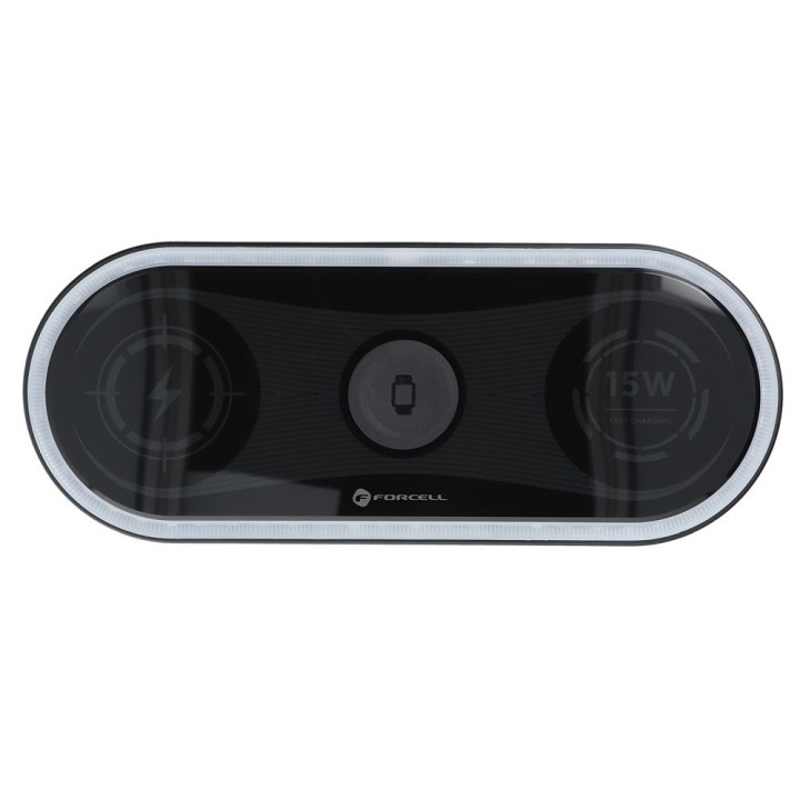Wireless charger Forcell F-Energy Ellipse 3-in-1 Qi QC 15W compatible with Apple + USB-C to USB-A cable black