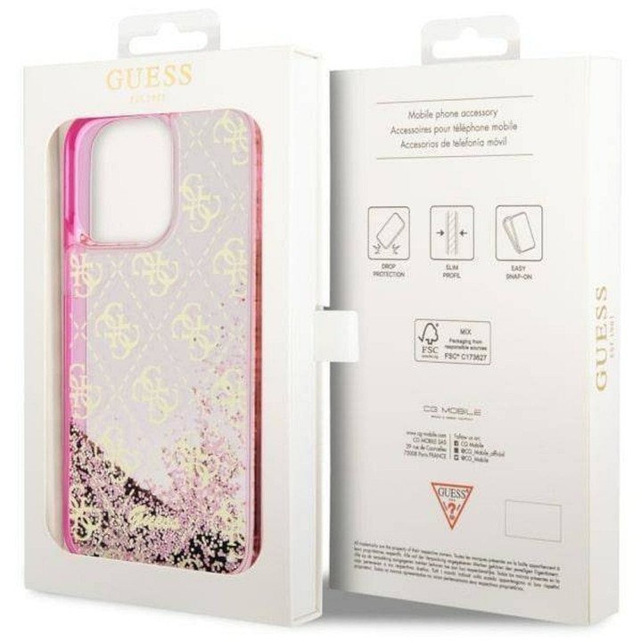 GUESS чехол для IPHONE 14 Pro GUHCP14LLC4PSGP (Liquid Glitter 4G Translucent) розовый