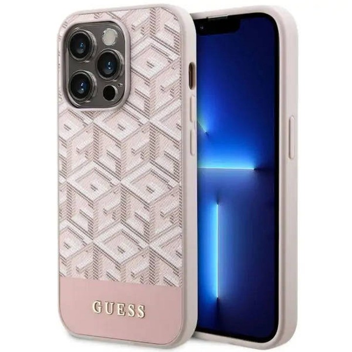 GUESS чехол для IPHONE 14 Pro совместимый с MagSafe GUHMP14LHGCFSEP (CUBE Stripes) розовый