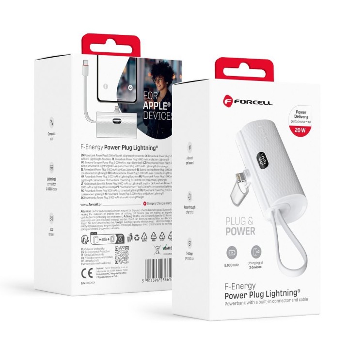 Повербанк Forcell F-Energy Power Plug F5K3 PD 20W 5000 mAh з вбудованим роз'ємом Lightning білий