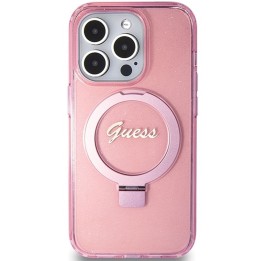 GUESS case for IPHONE 15 Pro compatible with Magsafe GUHMP15LHRSGSP (Glitter Script Logo Ring stand) pink