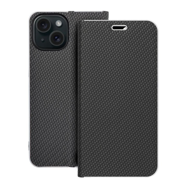 Чехол с клапаном для iPhone 15 Luna Book Carbon черный