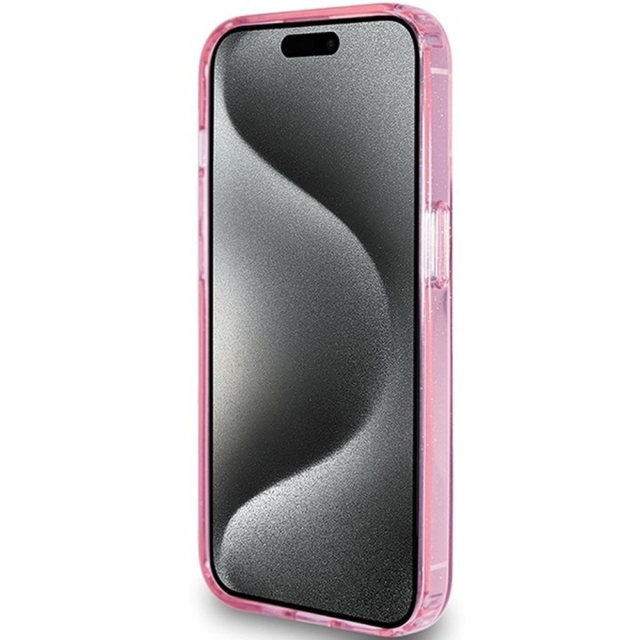GUESS case for IPHONE 15 Pro compatible with MagSafe GUHMP15LHRSGSP (Glitter Script Logo Ring stand) pink