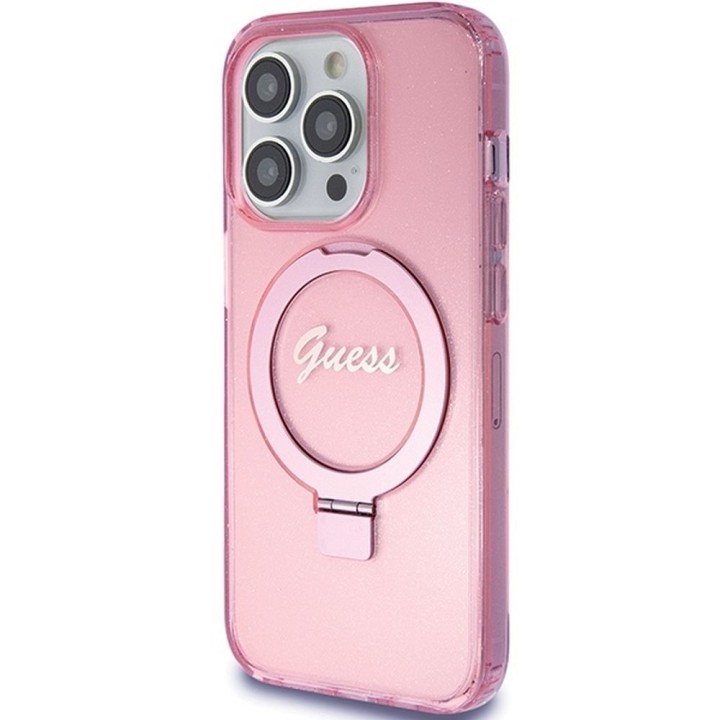 GUESS case for IPHONE 15 Pro compatible with MagSafe GUHMP15LHRSGSP (Glitter Script Logo Ring stand) pink