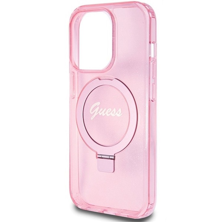 GUESS чехол для IPHONE 15 Pro совместимый с MagSafe GUHMP15LHRSGSP (Glitter Script Logo Ring stand) розовый