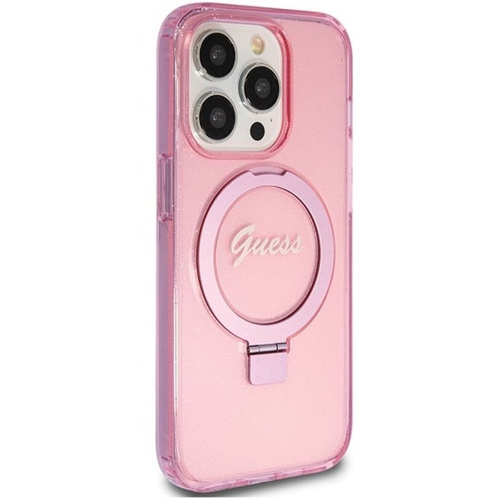 GUESS чохол для IPHONE 15 Pro сумісний із MagSafe GUHMP15LHRSGSP (Glitter Script Logo Ring stand) рожевий