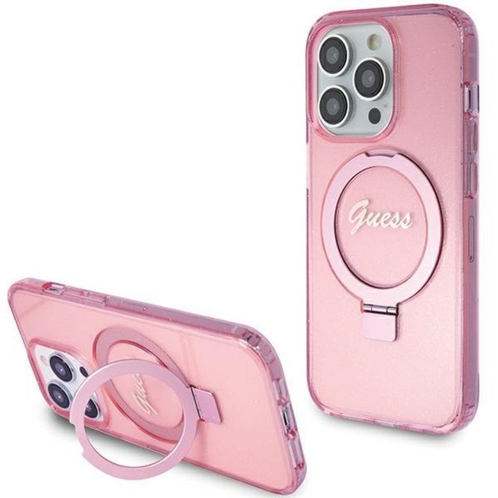 GUESS чохол для IPHONE 15 Pro сумісний із MagSafe GUHMP15LHRSGSP (Glitter Script Logo Ring stand) рожевий