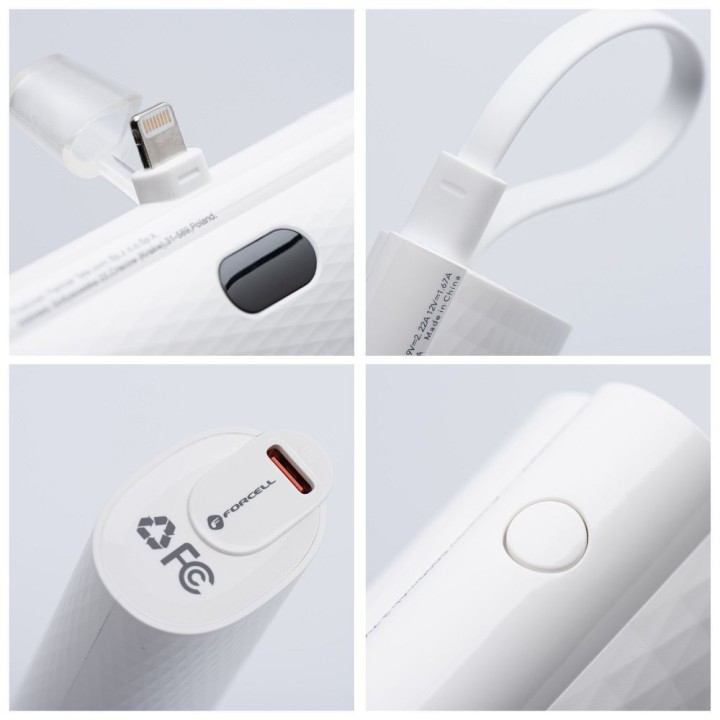 Повербанк Forcell F-Energy Power Plug F5K3 PD 20W 5000 mAh со встроенным разъемом Lightning белый