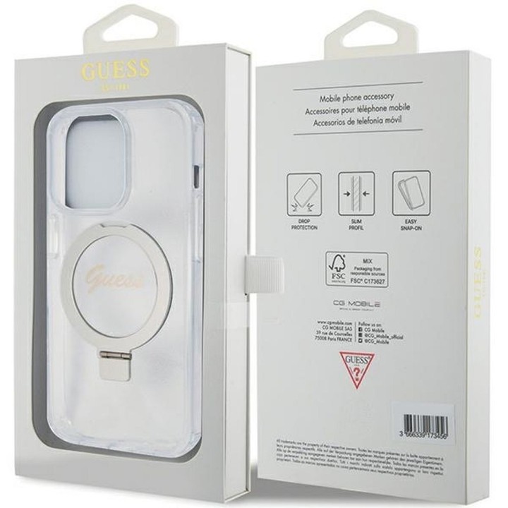 GUESS чохол для IPHONE 15 Pro сумісний із MagSafe GUHMP15LHRSGSD (Glitter Script Logo Ring stand) прозорий