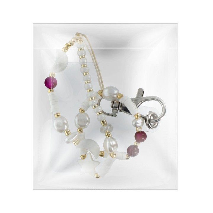Phone lanyard, charm for phone - seashells / cord length 44cm (22cm in a loop) / wrist - white-purple