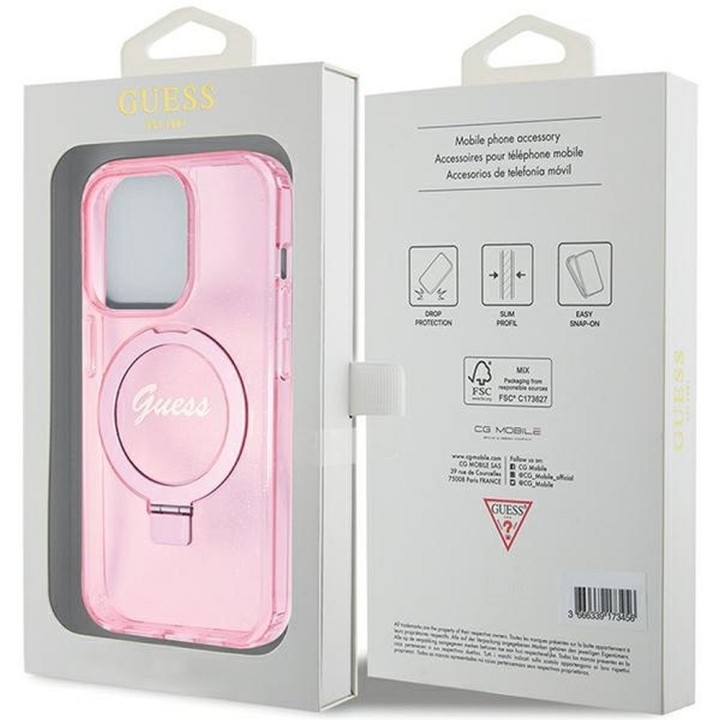 GUESS case for IPHONE 15 Pro compatible with MagSafe GUHMP15LHRSGSP (Glitter Script Logo Ring stand) pink