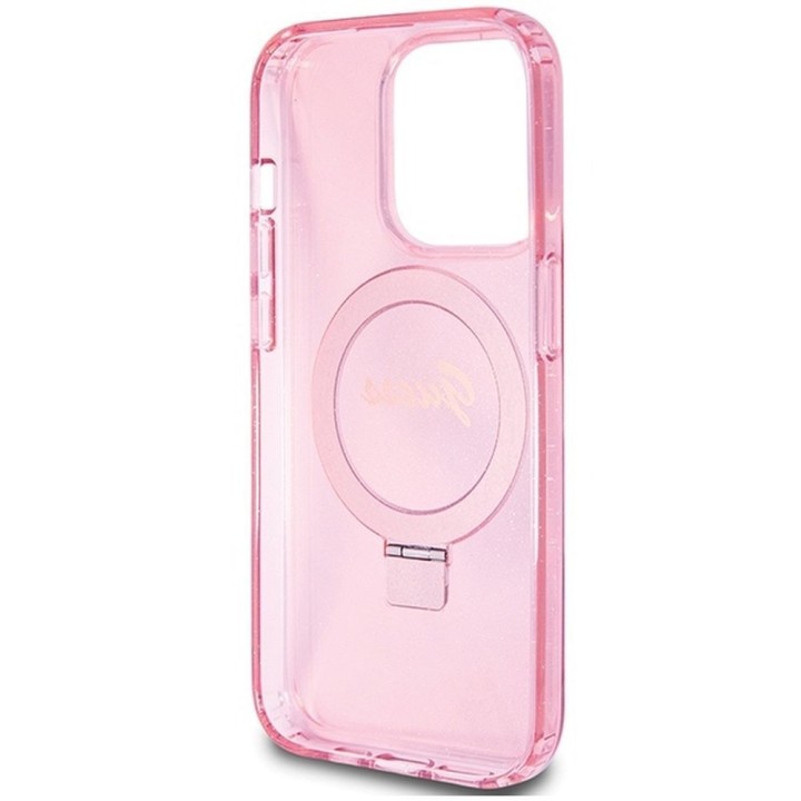 GUESS чехол для IPHONE 15 Pro совместимый с MagSafe GUHMP15LHRSGSP (Glitter Script Logo Ring stand) розовый
