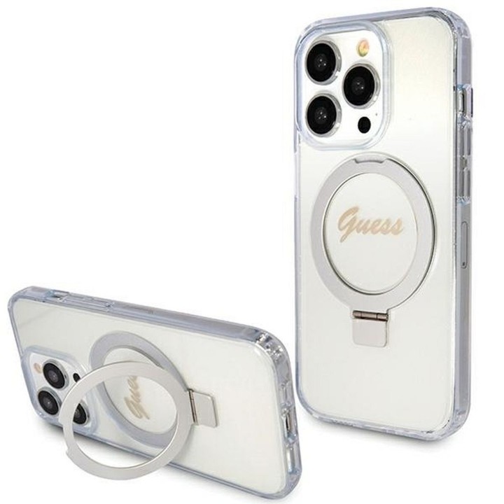 GUESS case for IPHONE 15 Pro compatible with Magsafe GUHMP15LHRSGSD (Glitter Script Logo Ring stand) transparent