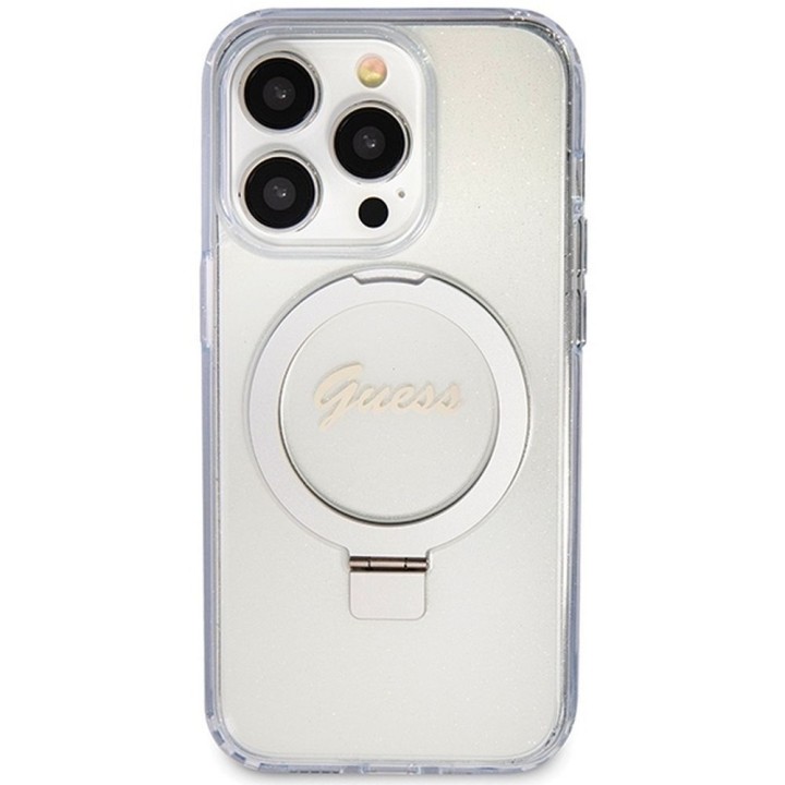 GUESS case for IPHONE 15 Pro compatible with Magsafe GUHMP15LHRSGSD (Glitter Script Logo Ring stand) transparent