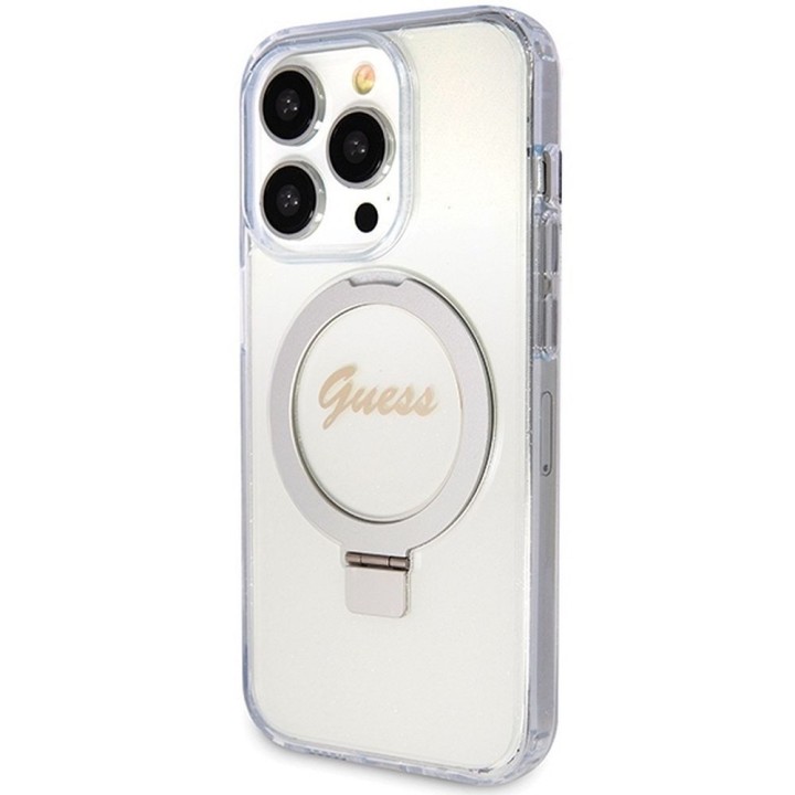 GUESS case for IPHONE 15 Pro compatible with Magsafe GUHMP15LHRSGSD (Glitter Script Logo Ring stand) transparent