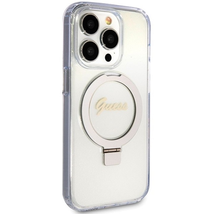 GUESS чехол для IPHONE 15 Pro совместимый с MagSafe GUHMP15LHRSGSD (Glitter Script Logo Ring stand) прозрачный