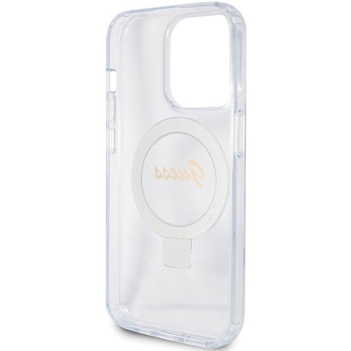GUESS futerał do IPHONE 15 Pro kompatybilny z MagSafe GUHMP15LHRSGSD (Glitter Script Logo Ring stand) transparentny