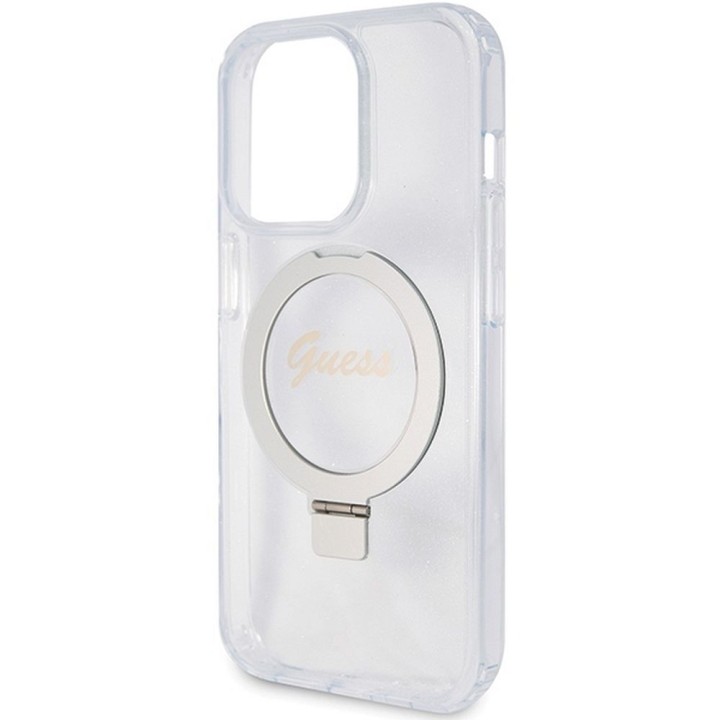 GUESS case for IPHONE 15 Pro compatible with Magsafe GUHMP15LHRSGSD (Glitter Script Logo Ring stand) transparent