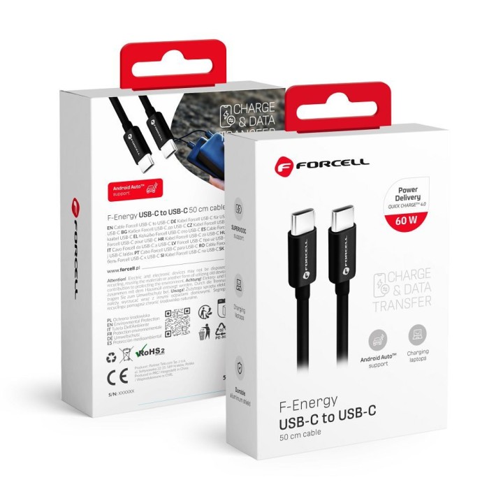 Кабель USB-C – USB-C Forcell F-Energy QC4.0 PD 3A 60W 0,5 m C338 чорний