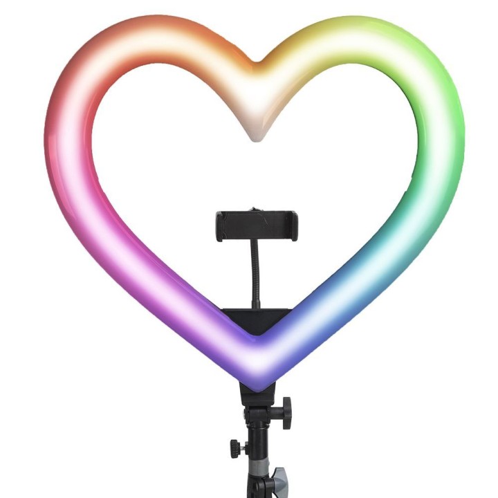 Лампа LED Ring Stream RGB кольцевая 10" FULL COLOR с держателем для телефона HEART + штатив JM26-10 черная