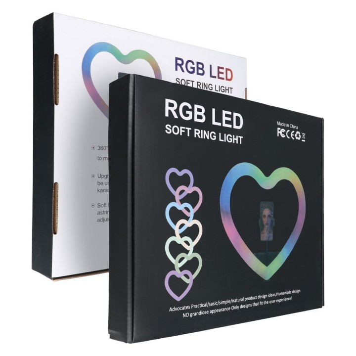 Lamp LED Ring Stream RGB ring-shaped 10" FULL COLOR with holder for phone HEART + tripod JM26-10 black